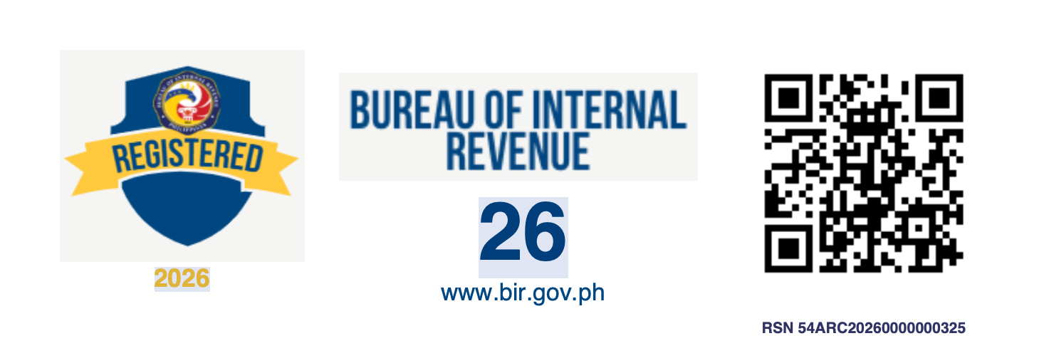 Bureau of Internal Revenue registration seal for 2026, with registration QR code and reference number RSN 54ARC2026000000325